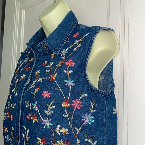 Vtg 80s/90s Life Style blue denim cotton sleeveless floral embroidered shirt - Picture 4 of 8